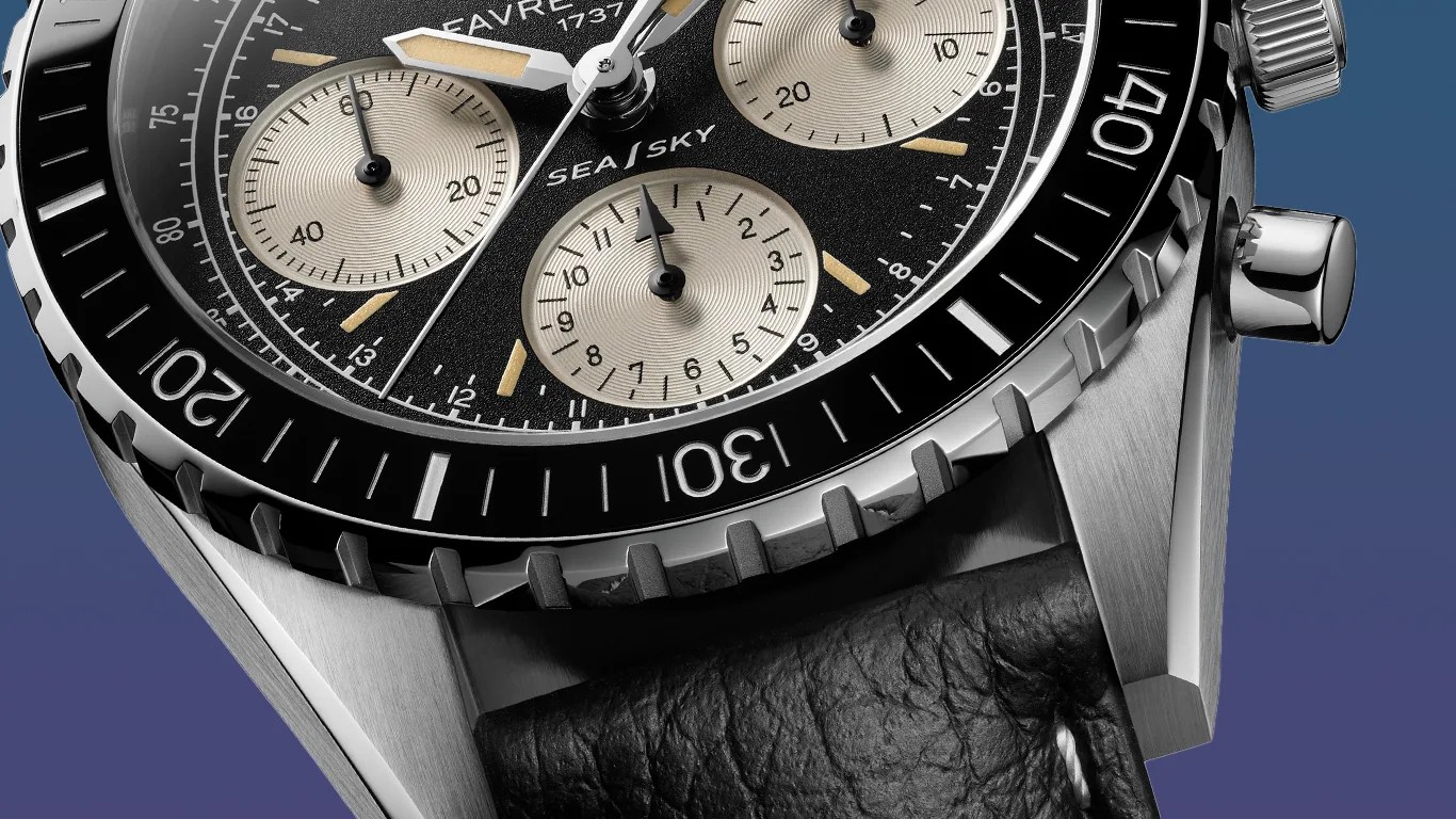 closeup of a favre leuba chronograph watch