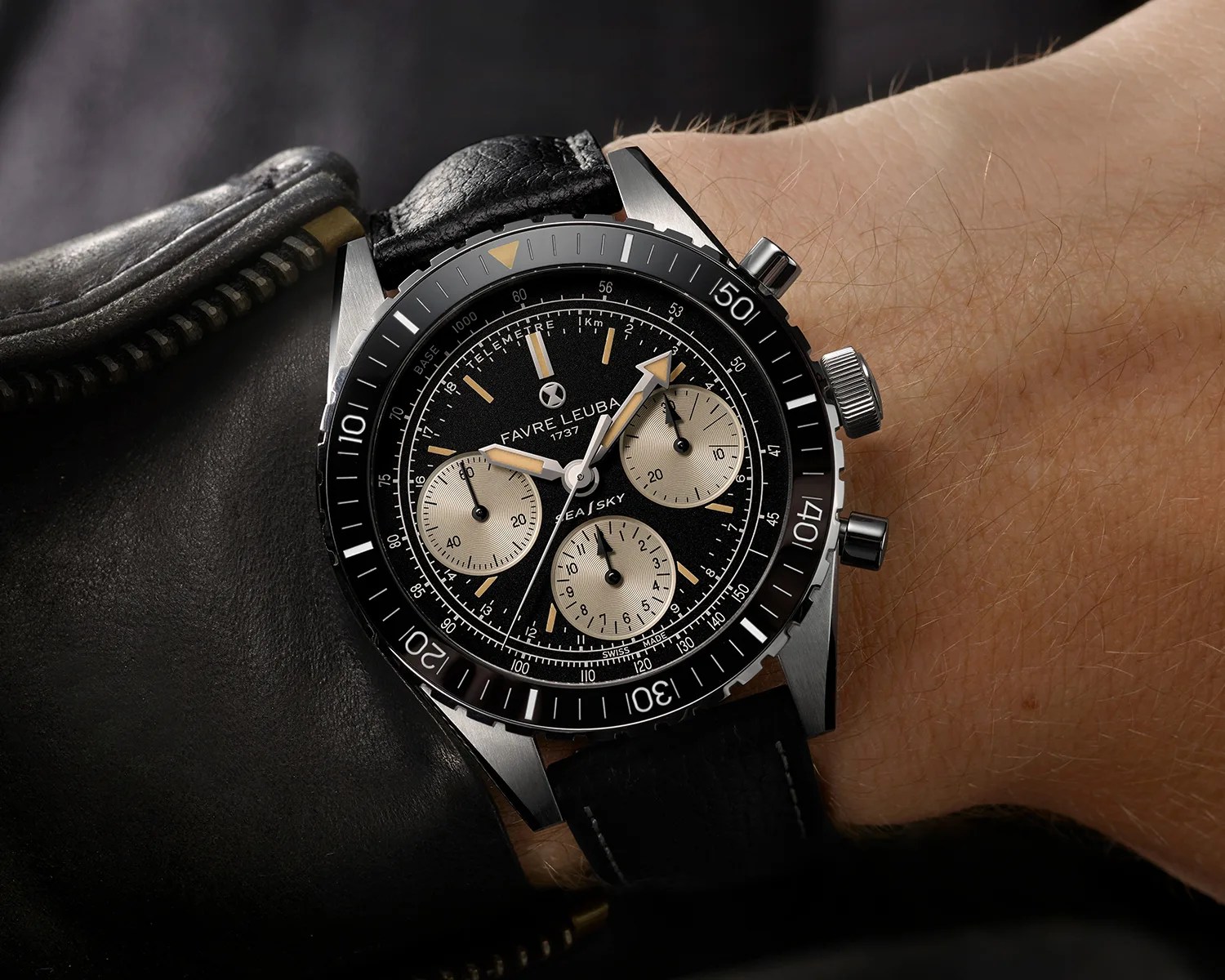 a Favre Leuba chronograph watch on a mans wrist