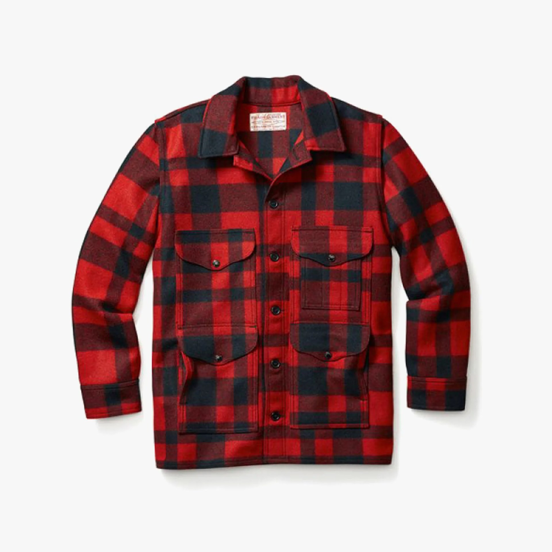 a red and black wool Filson jacket