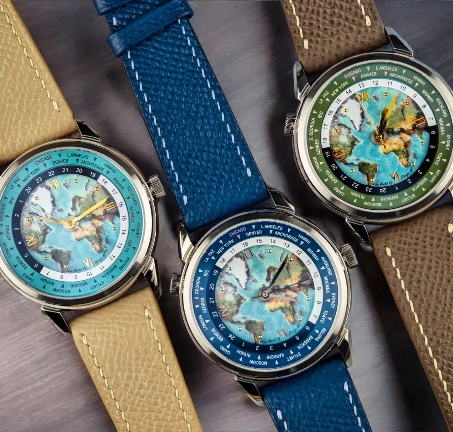 three haim world time watches