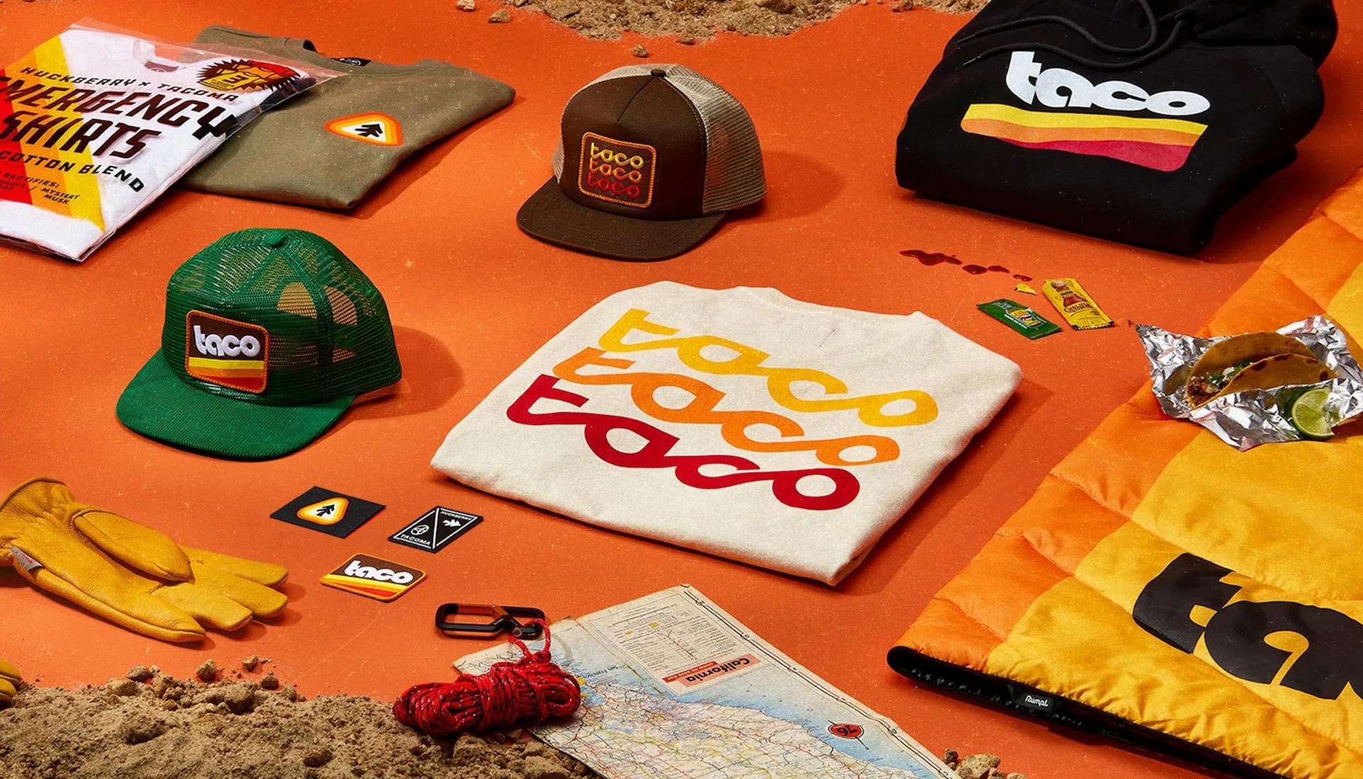 an assortment of huckberry tacoma branded clothing and goods