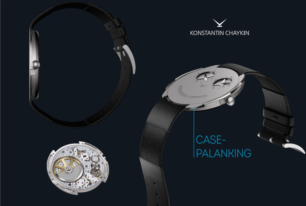 Graphic showing the Case-PalanKing accessory that snaps to the back of the ThinKing watch allowing it to be automatically or manually wound via a crown. 