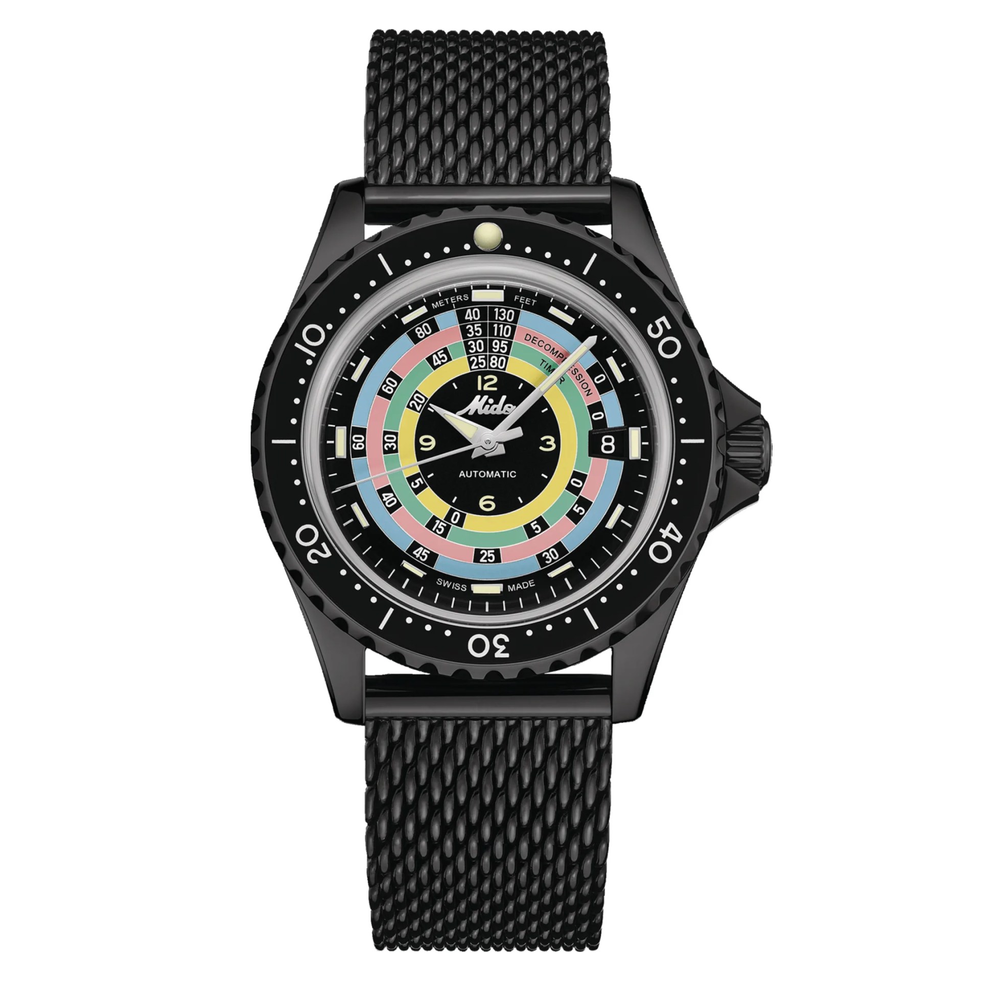 black mido dive watch with a rainbow dial