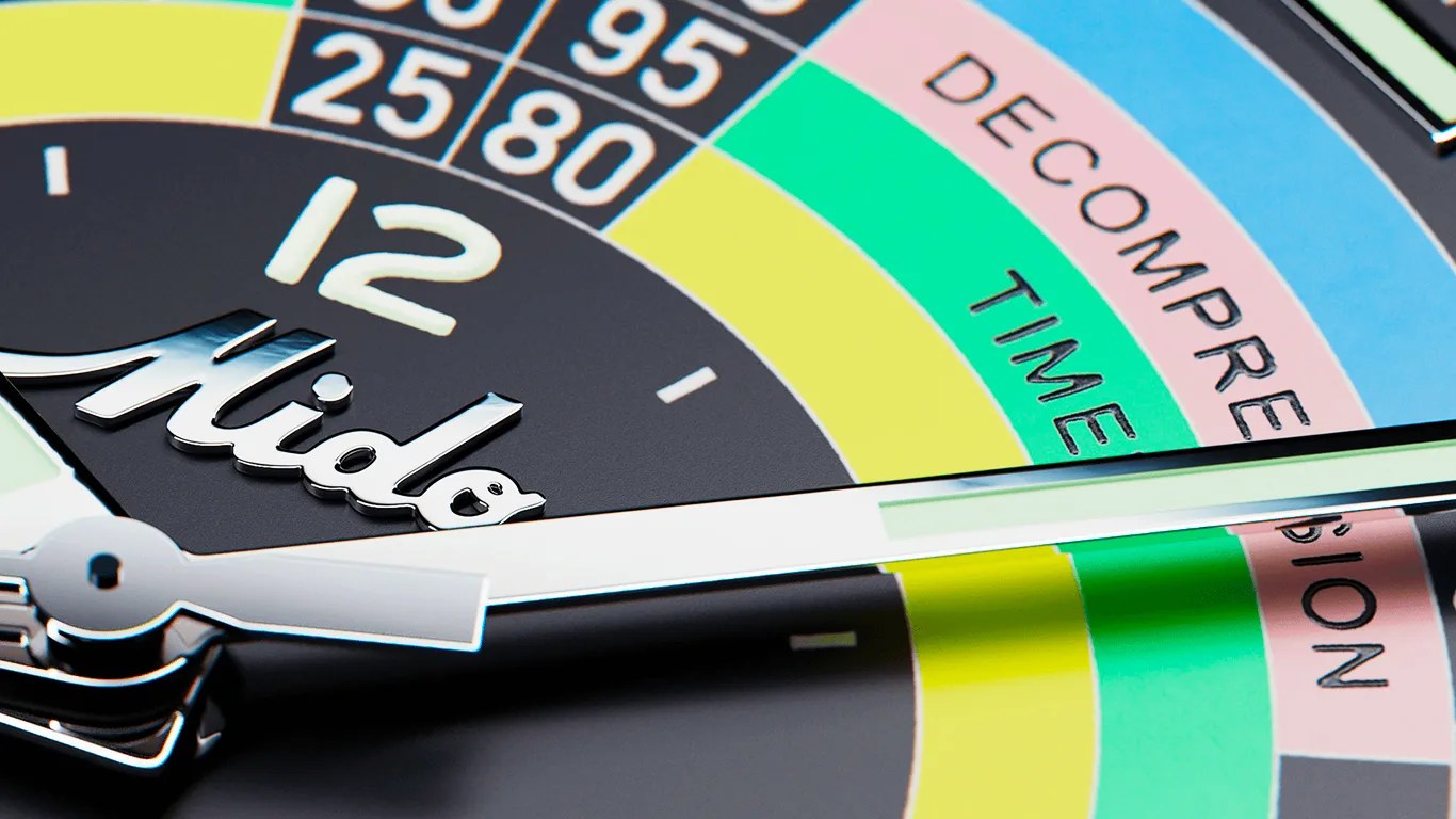 close up of mido rainbow dive watch dial