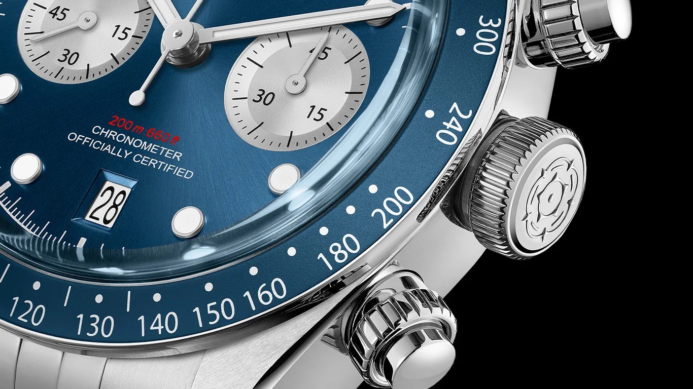 closeup of tudor chronograph watch dial