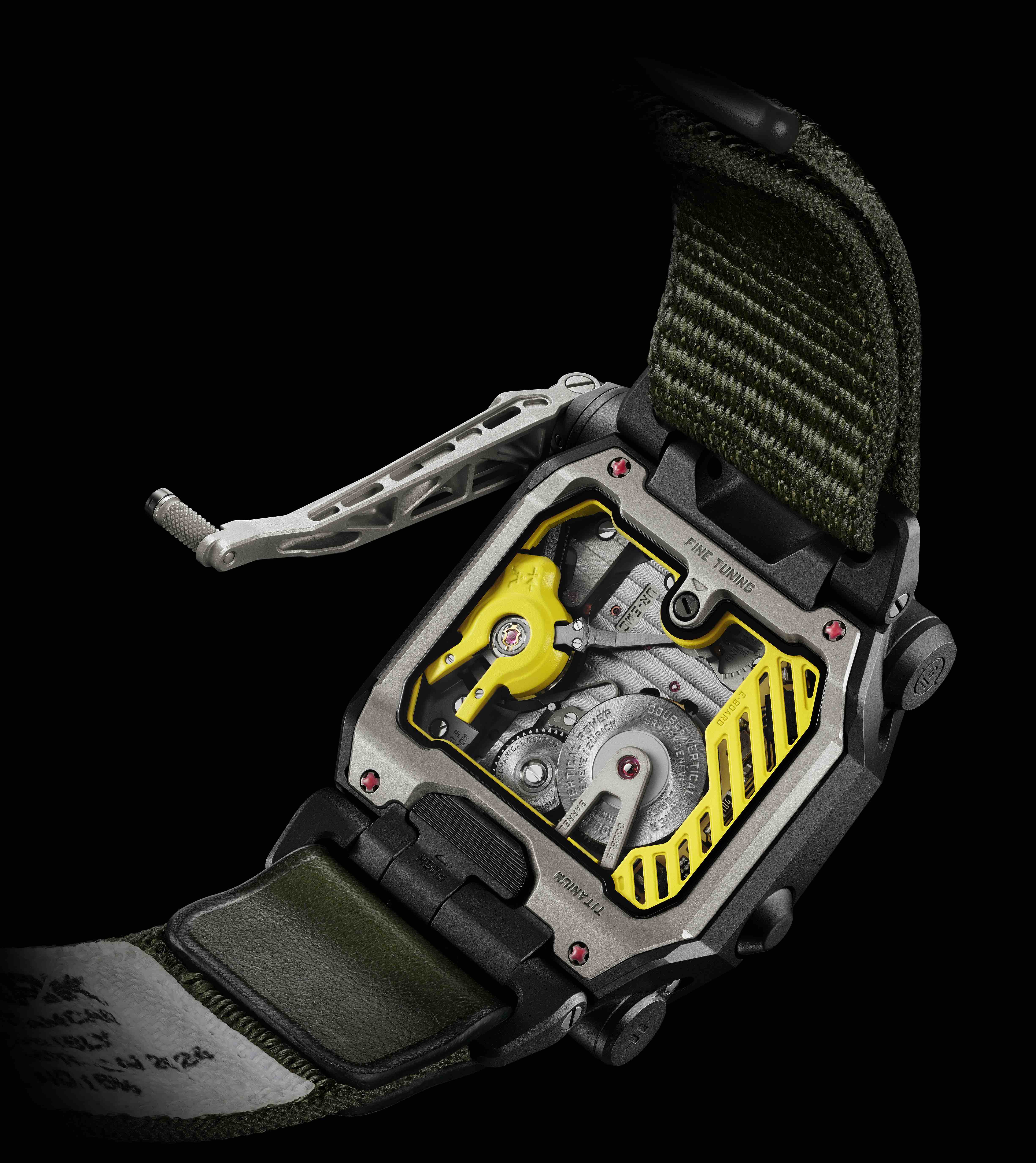 urwerk mechanical watch movement seen through a display caseback
