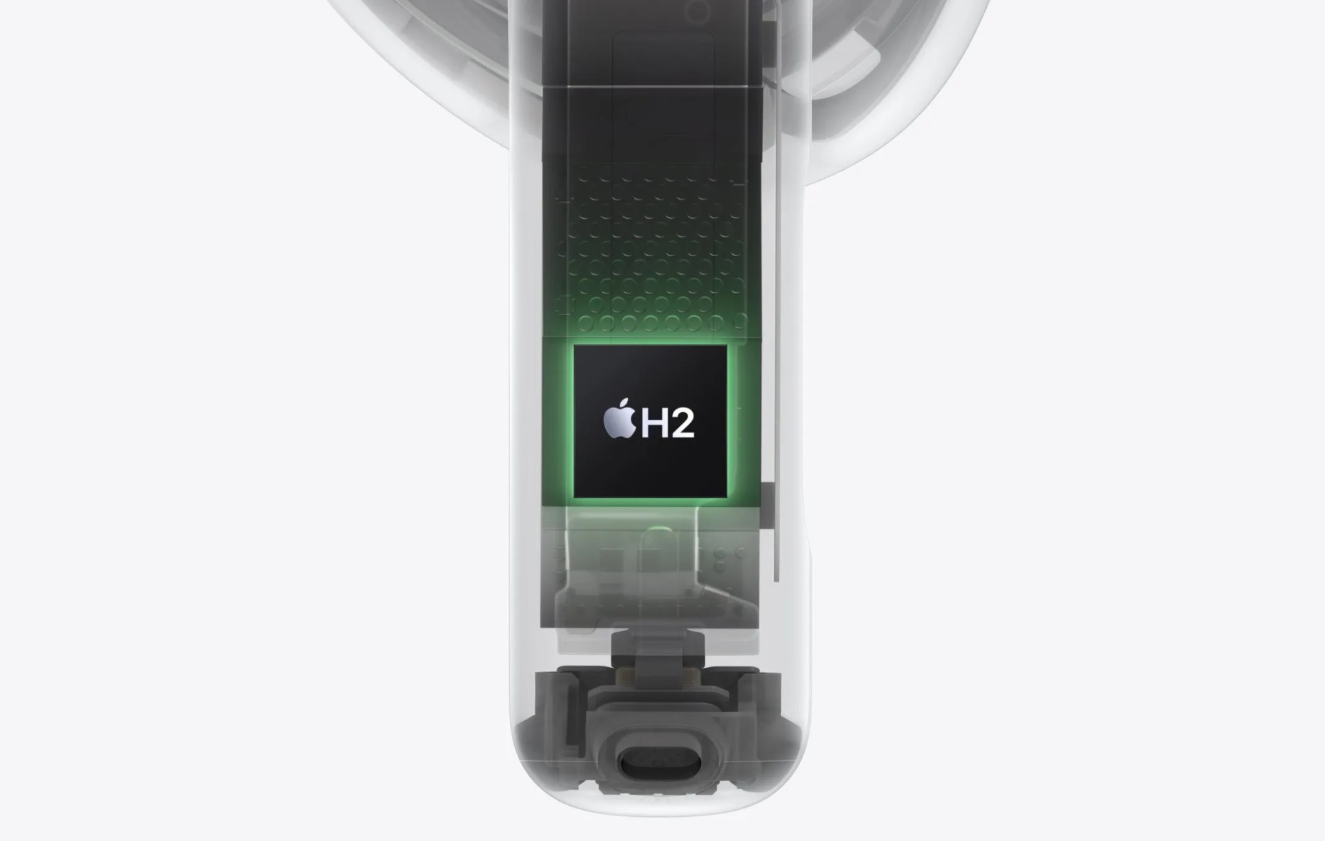 X-Ray illustrated view of the stem of the AirPods 4 showing the integration of the H2 chip.