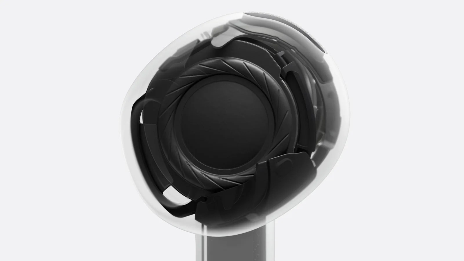X-Ray view of the internal driver components in a single Apple AirPods 4 wireless earbuds on white