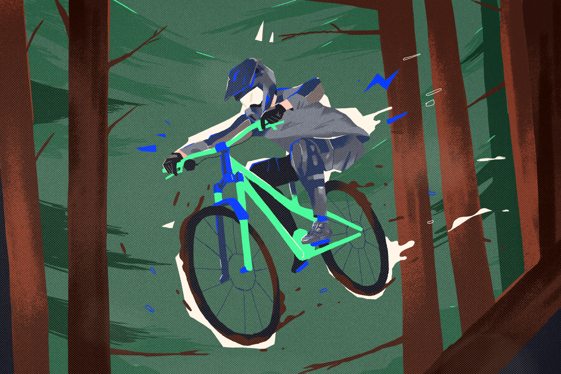 illustration of a man riding a bike down a dirt mountain path