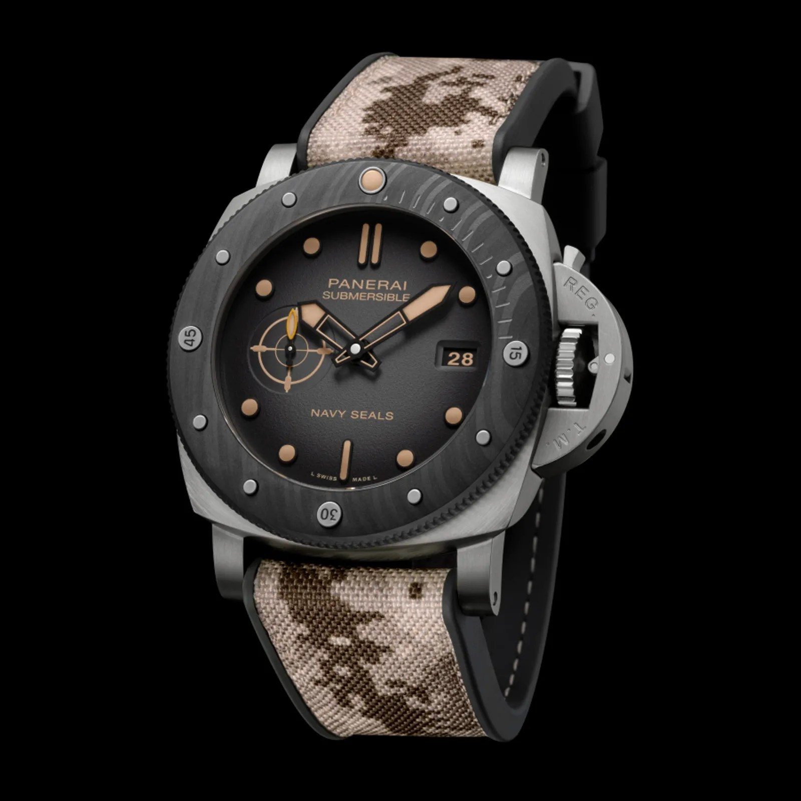 Panerai Submersible Navy SEALs Titanio shown head on at slight angle on black background
