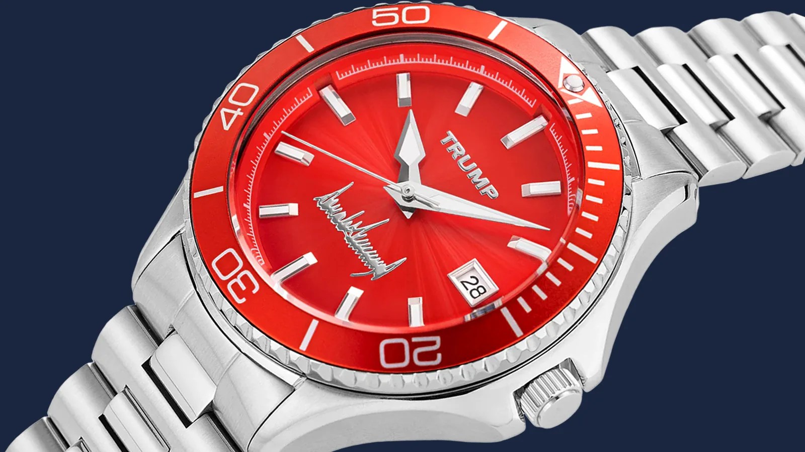 Trump Watches Fight Fight Fight Red Edition shown on bracelet against a Navy background