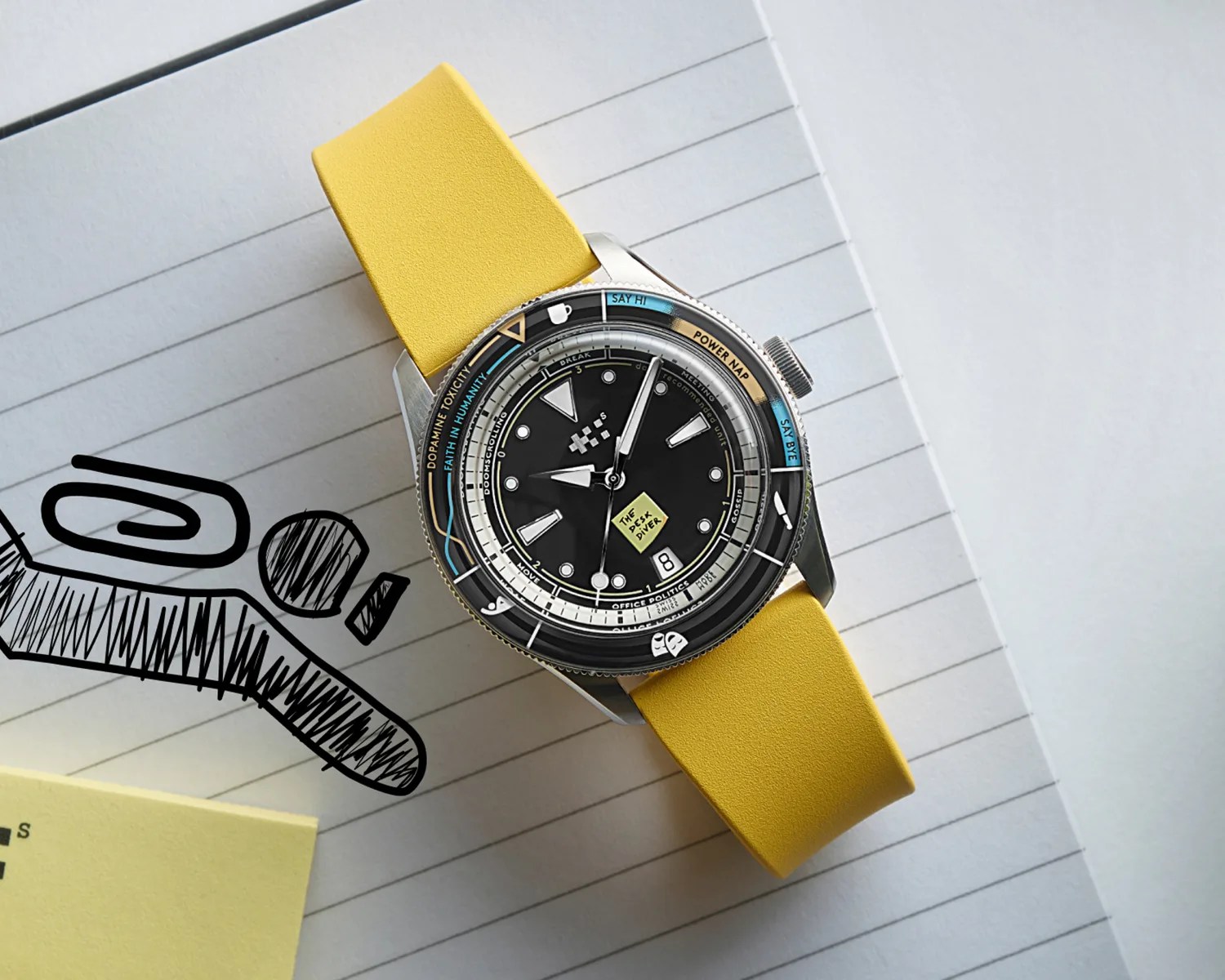 Christopher Ward watch on a yellow strap