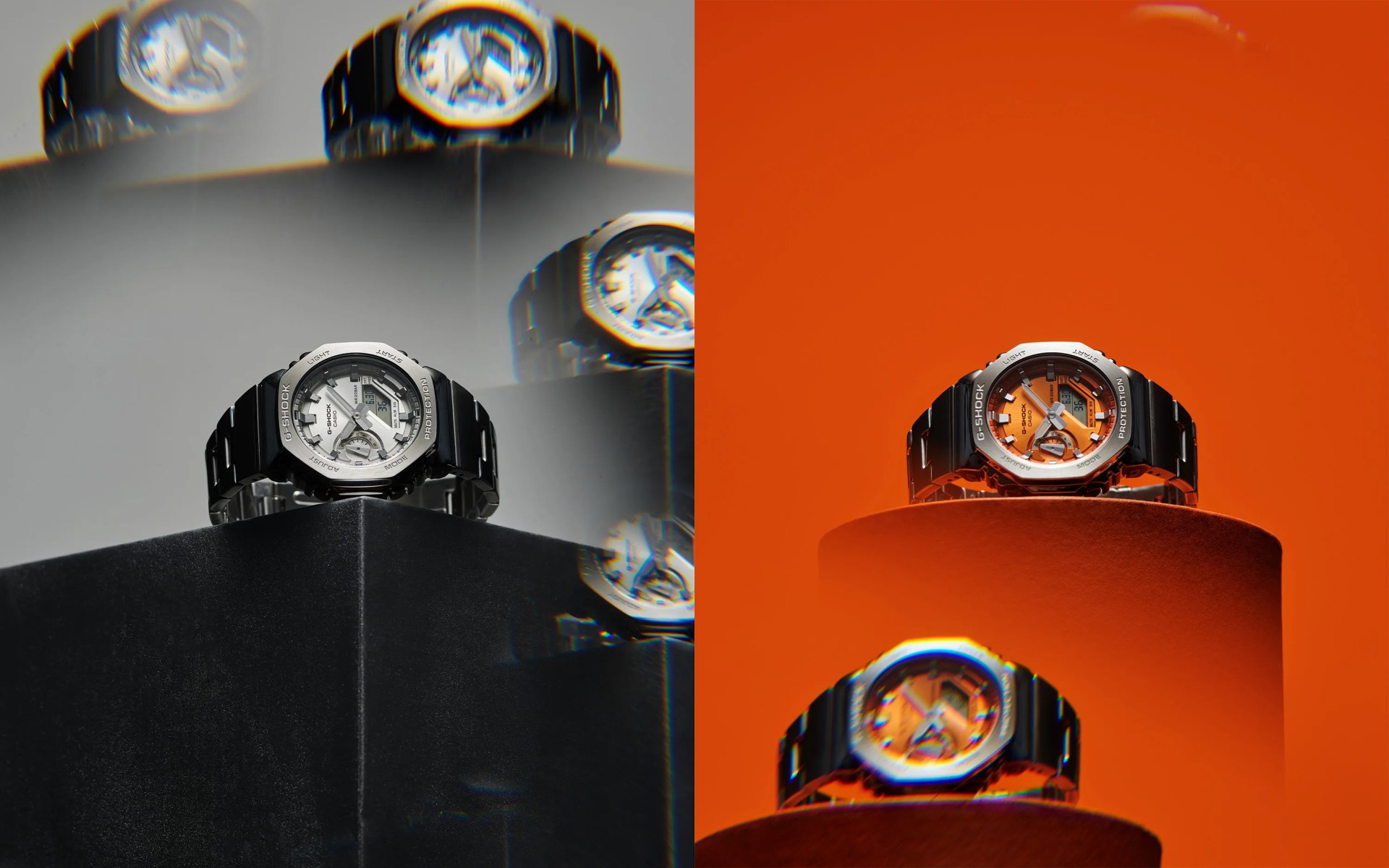 watch on pedestal with colorful backgrounds