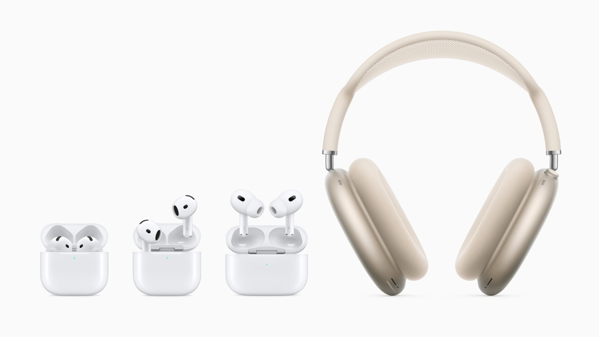 Four pairs included in Apples AirPod lineup in 2024 on a white background including the AirPods 4, AirPods Pro 2 and AirPods Pro Max