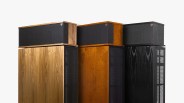 three loudspeakers in different colors