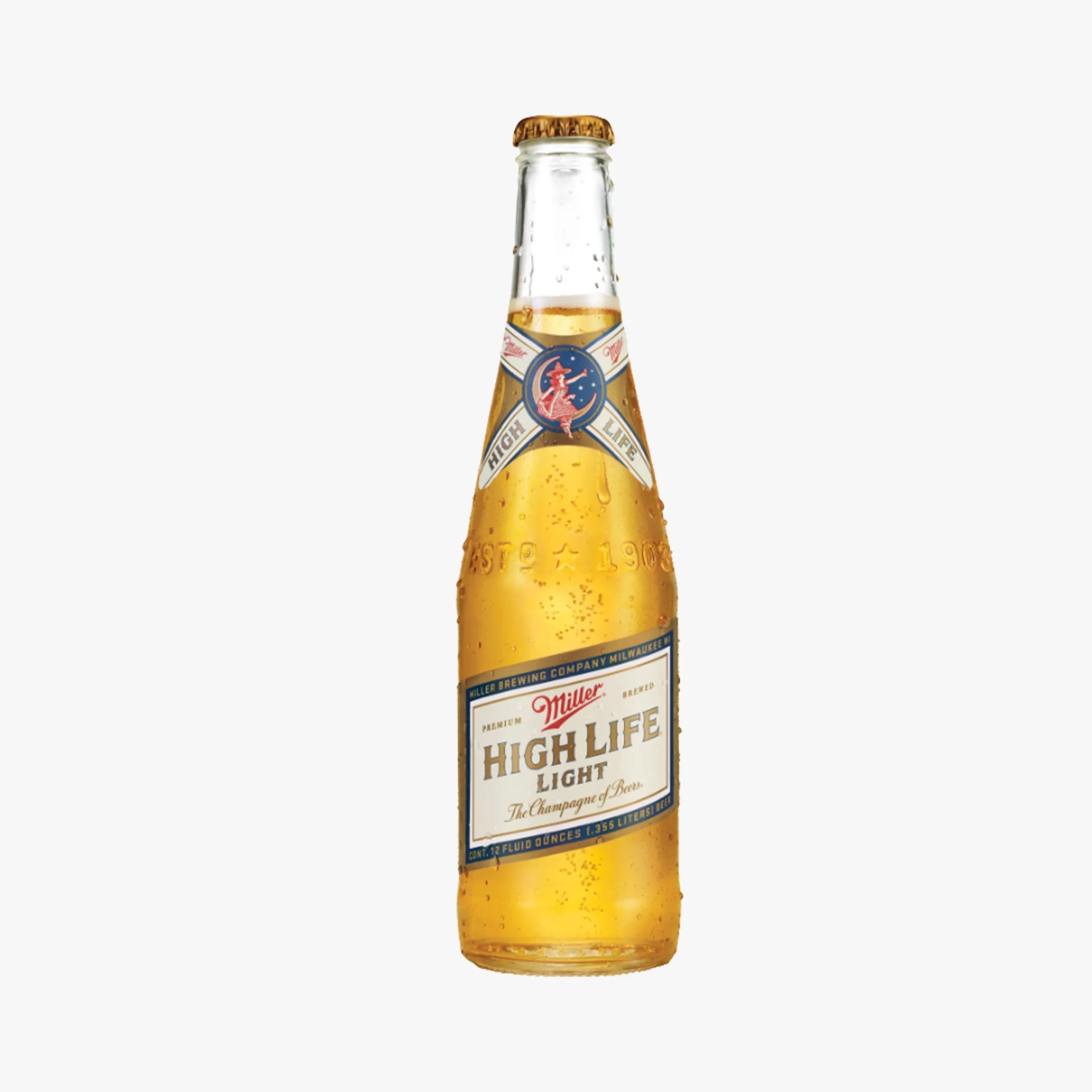 A bottle of Miller High Life Light beer on a white background