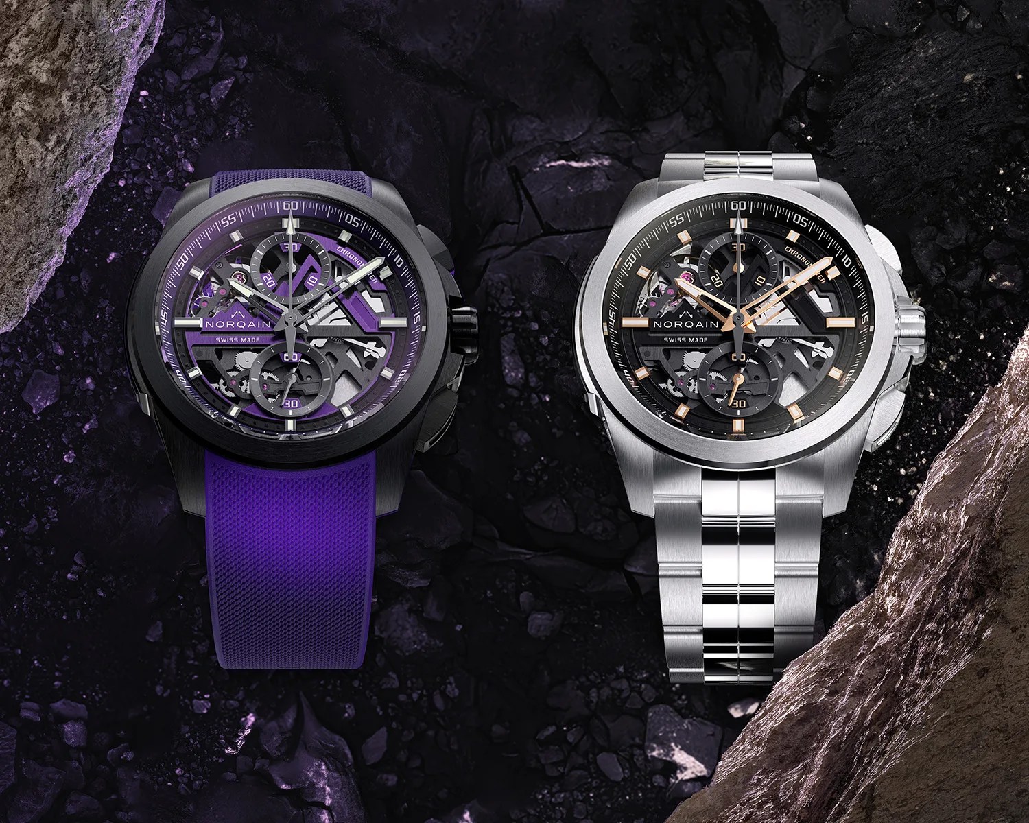 two norqain watches against a rocky backdrop