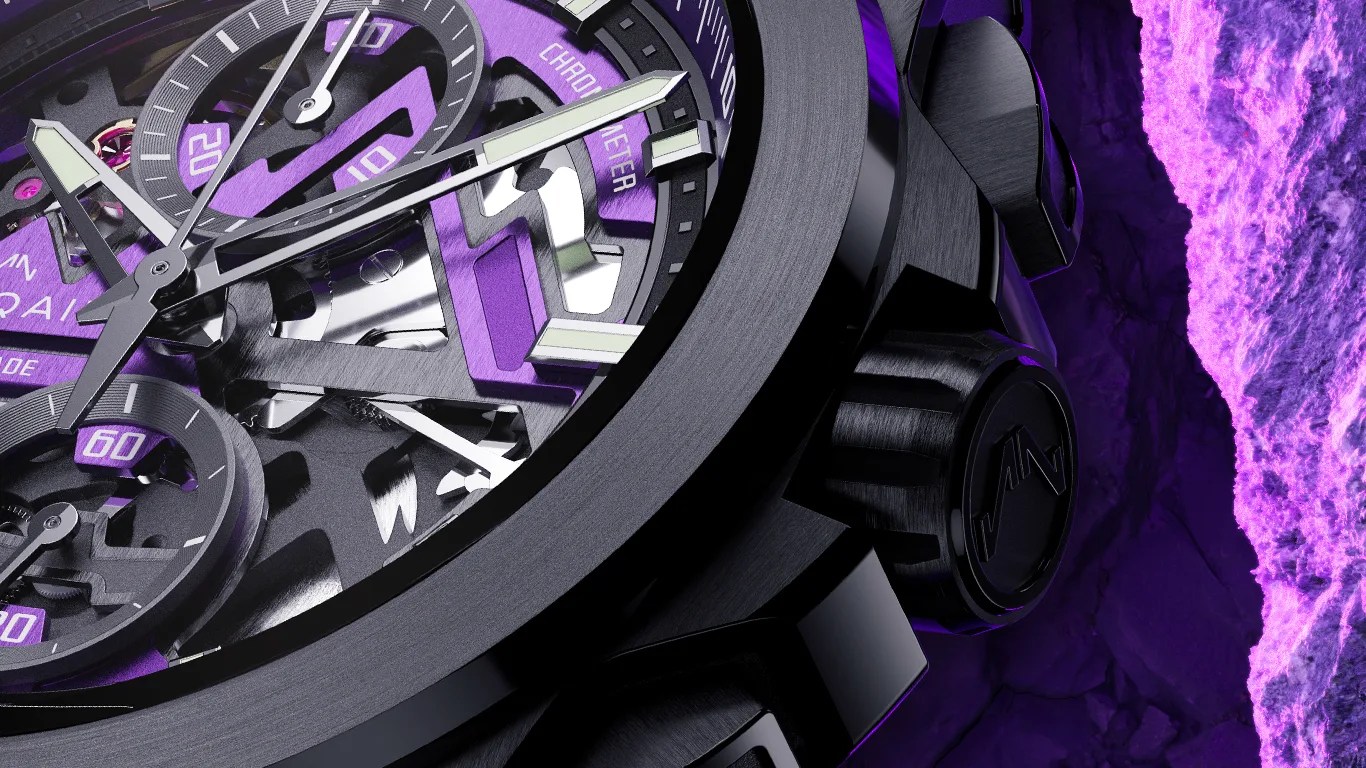 closeup of a skeletonized norqain watch dial