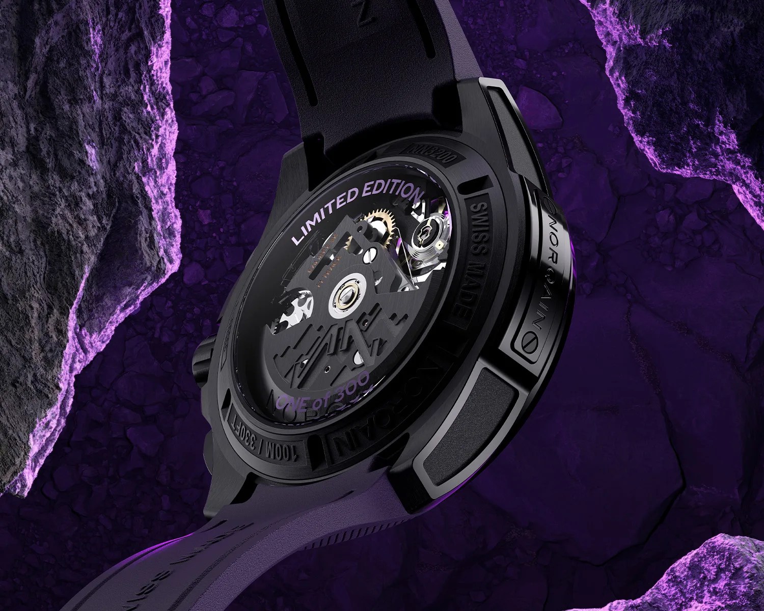 norqain watch caseback showing a mechanical movement