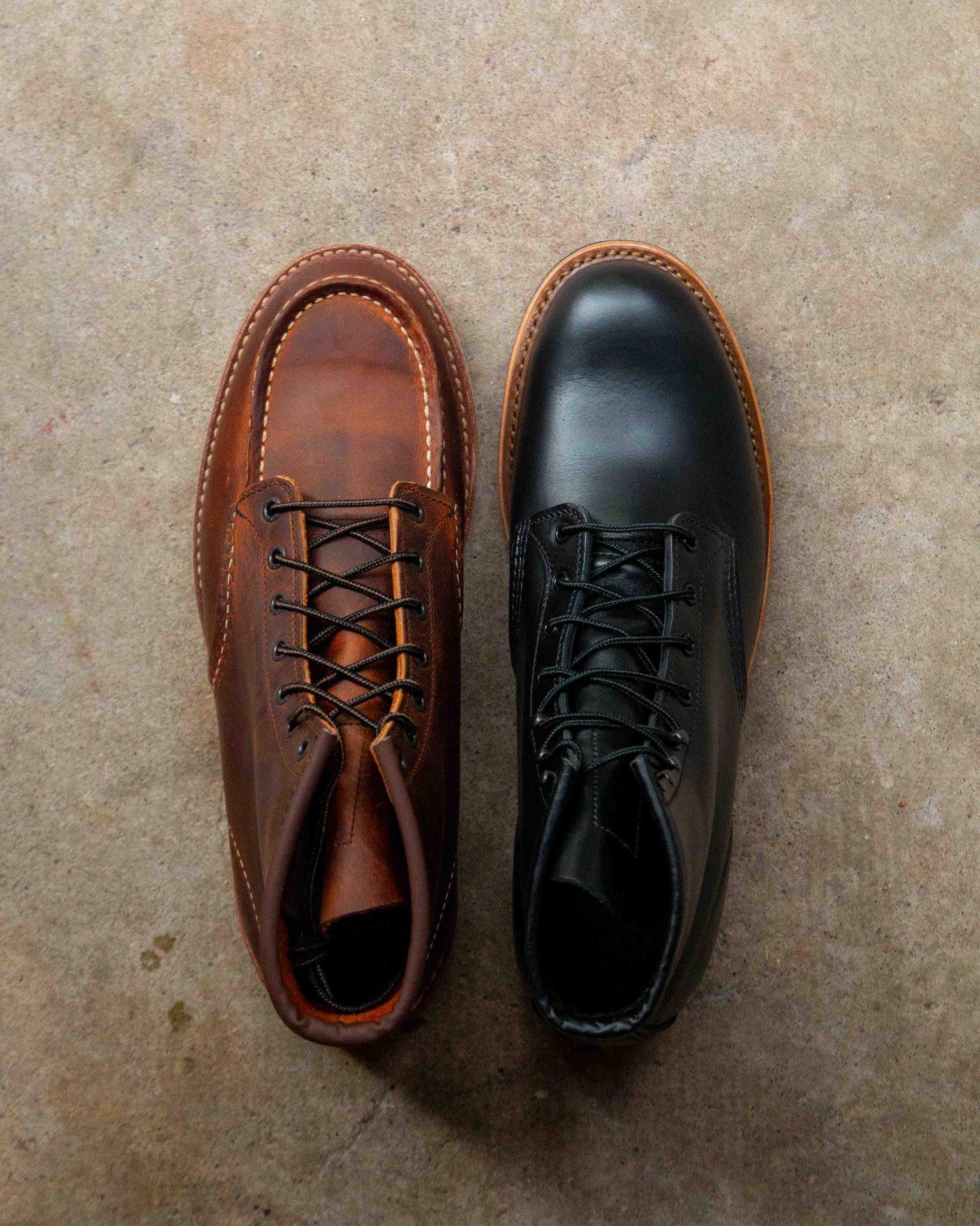 two red wing boots in different colored leathers