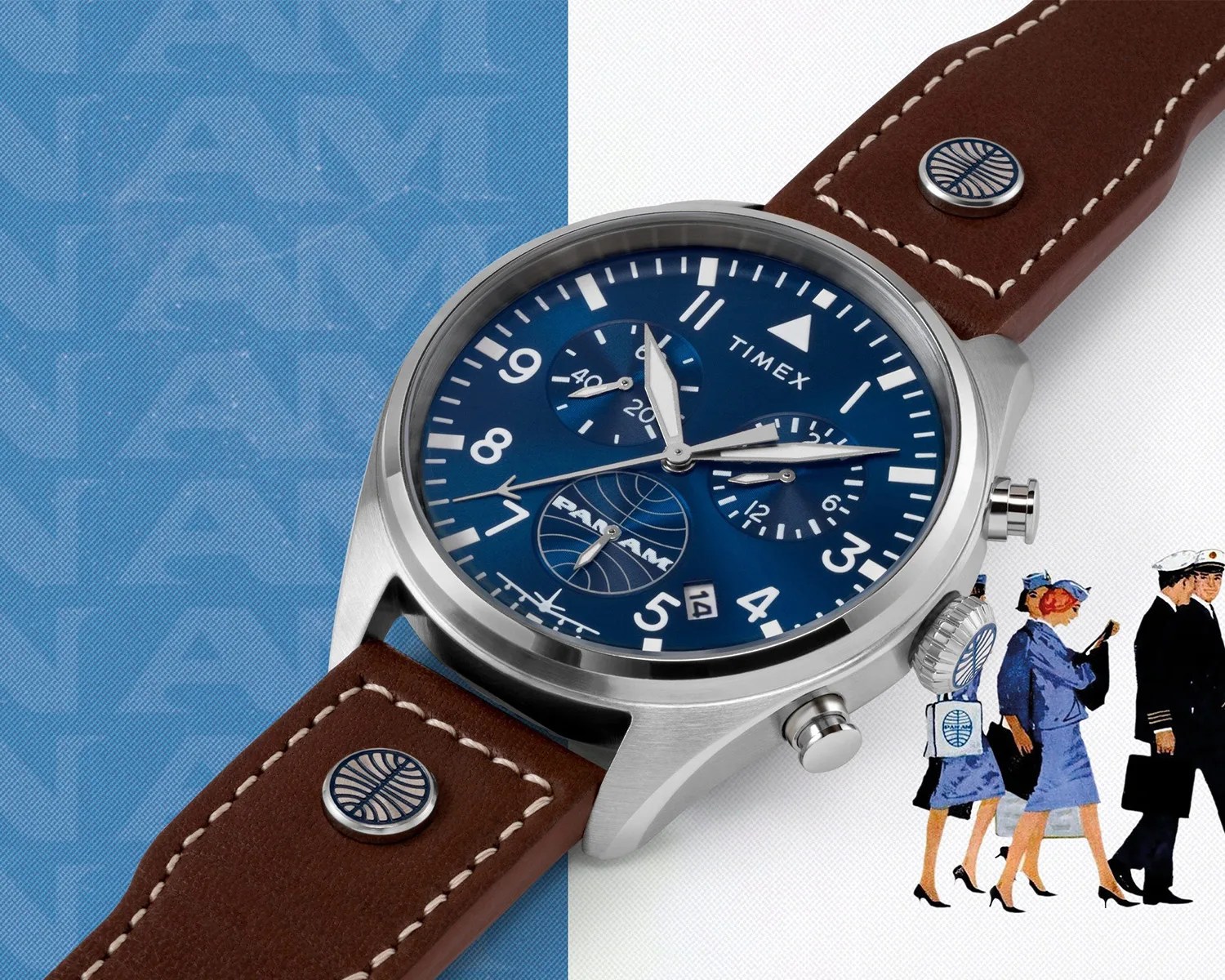 timex watch against a vintage pan am backdrop