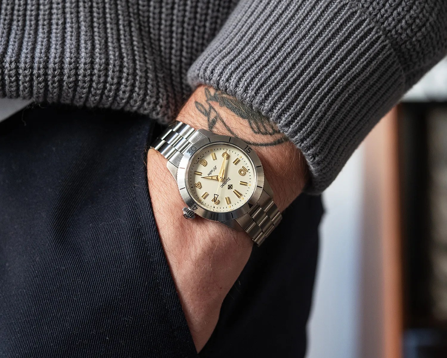 zodiac watch on a mans wrist