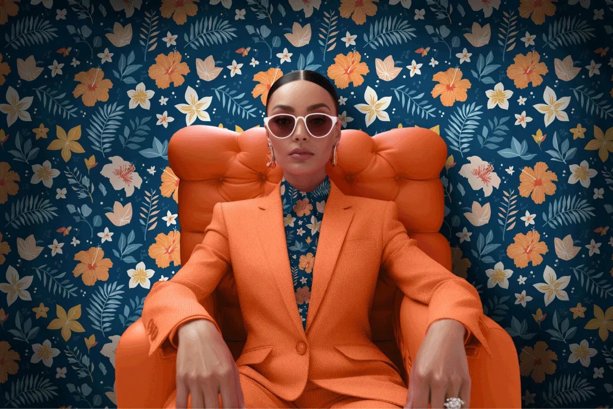 woman sitting in chair with flower wallpaper