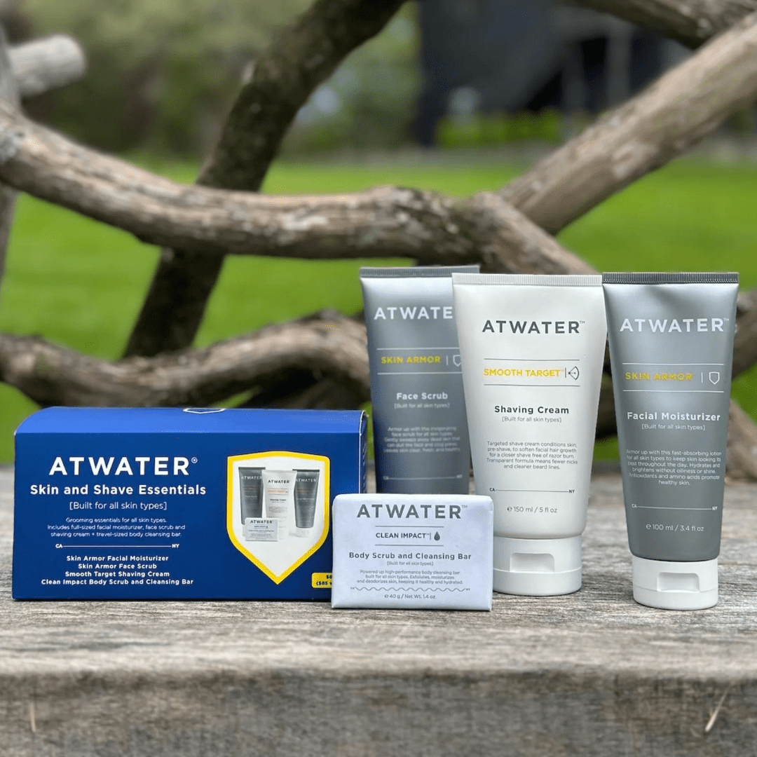a row of atwater skincare bottles and boxes containing soap, face wash, and cream