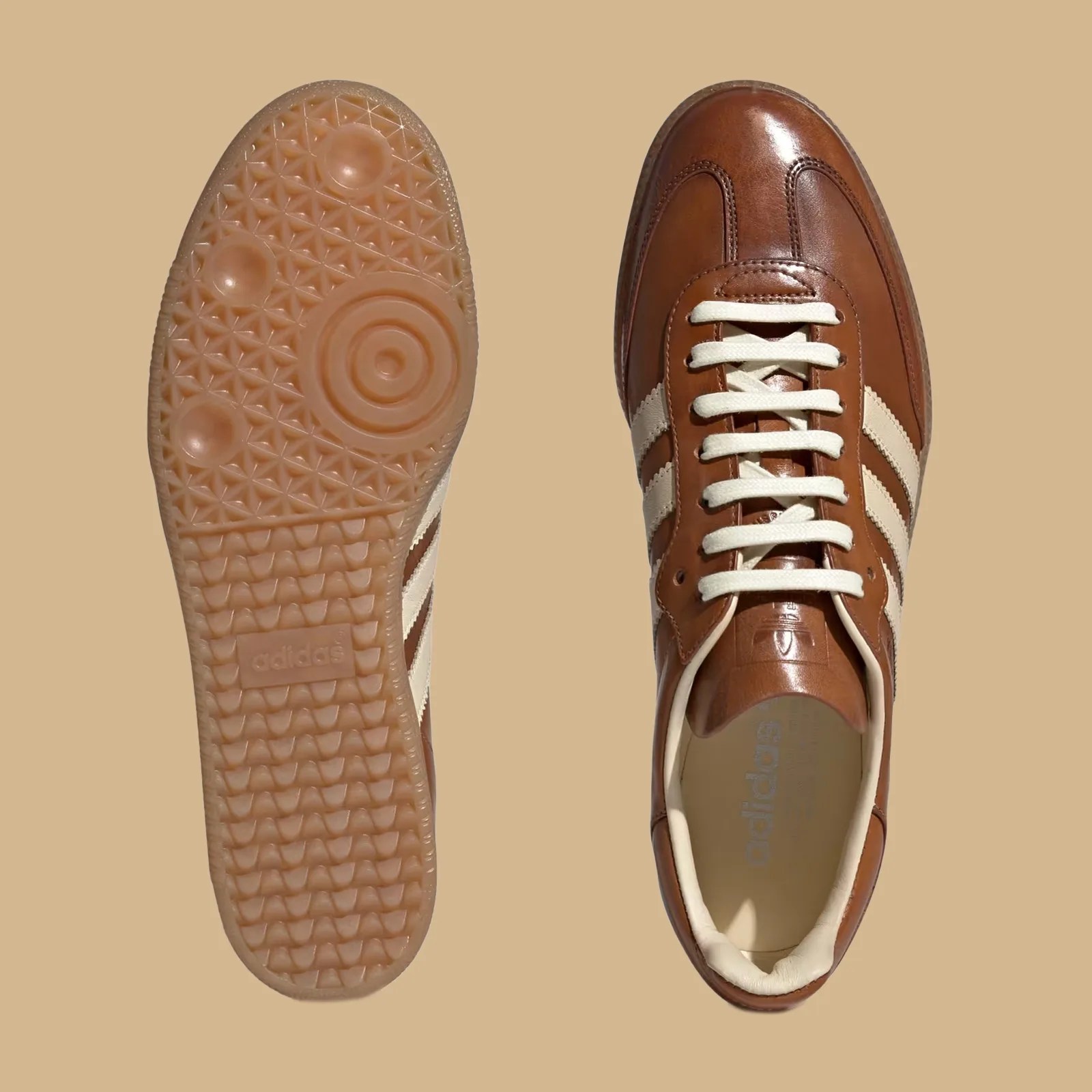 Adidas Samba OG Made in Italy in brown shown from above next to the same shoe showing the gum sole. Both cut out images are on a tan background.