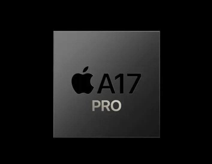 An illustrated image of Apple's A17 Pro chip in grey against a black background. 