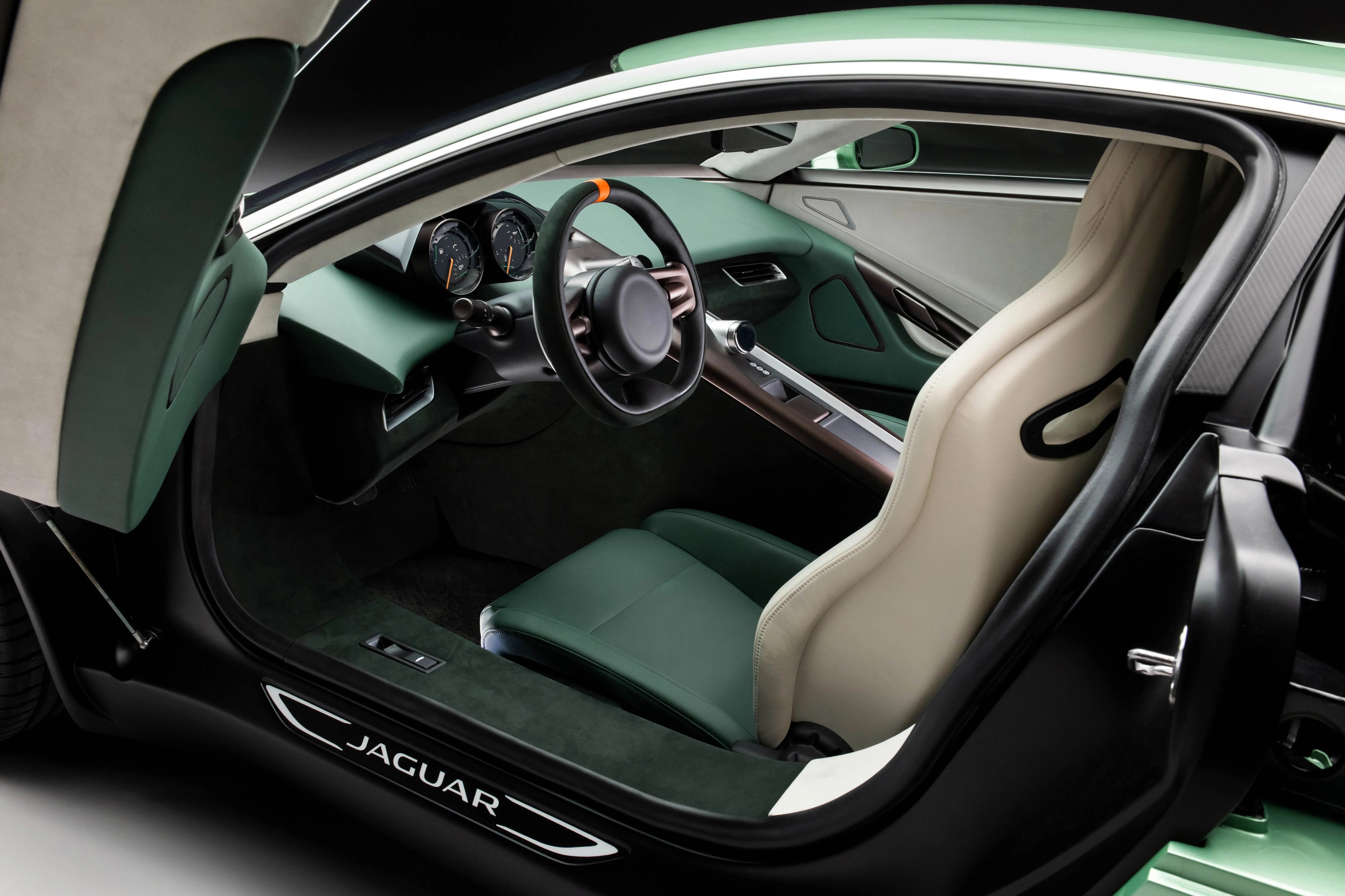 a callum jaguar c x75 sports car interior showing the dirvers seat