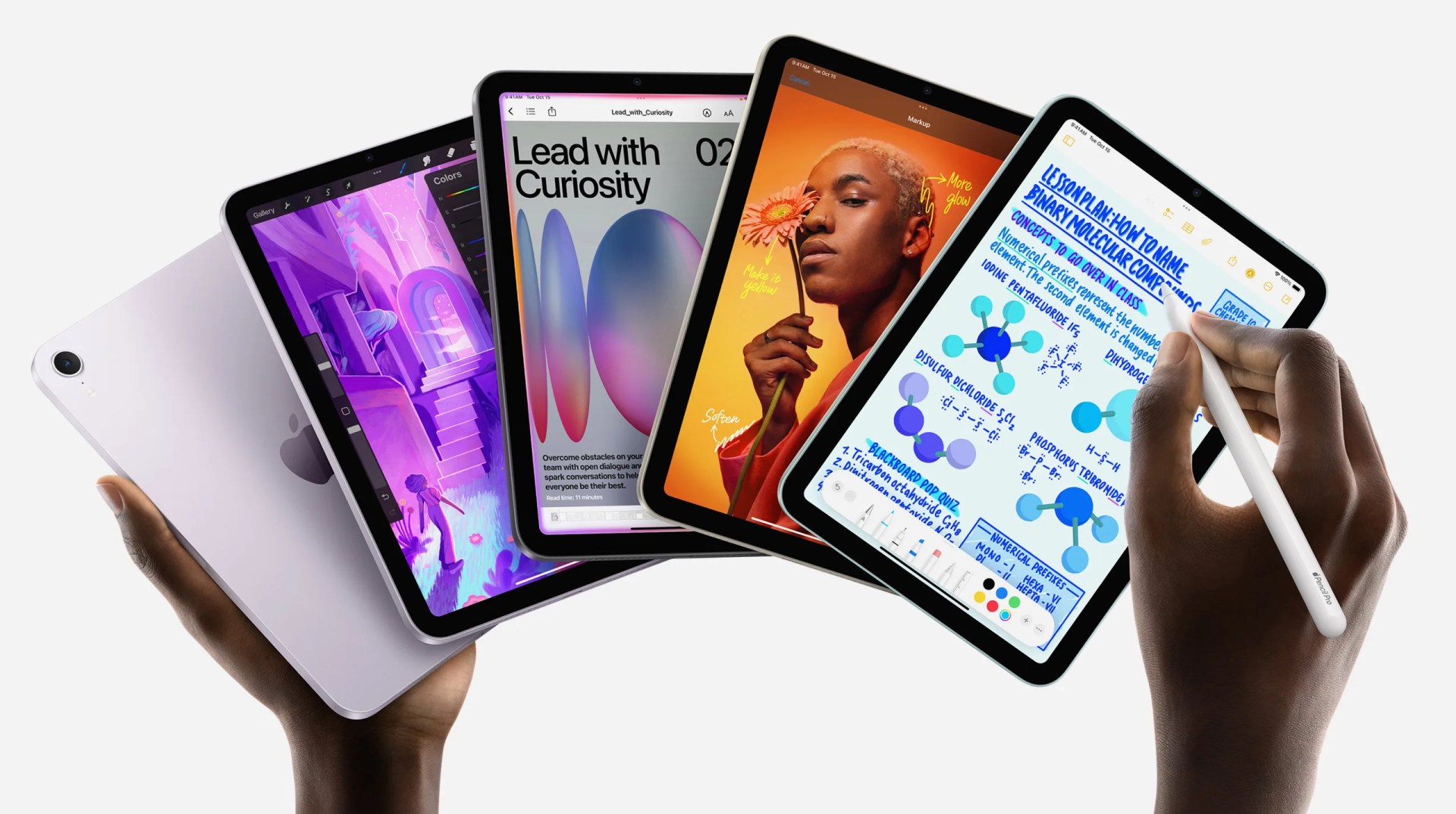 A rendered image of two hands holding a fanned out set of 5 iPad Mini 7th generation tablets showing various artistic works on the tablets screen. The right hand is holding an Apple Pencil and shown writing on the tablet screen.
