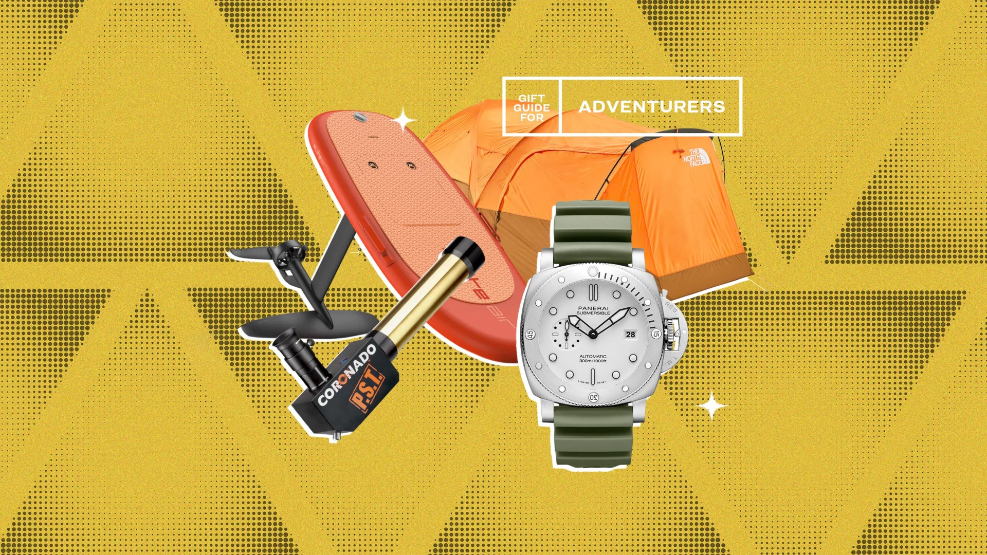 Gift Guide for Adventurers featuring Panerai watch, telescope, fishing rod, board, and tent