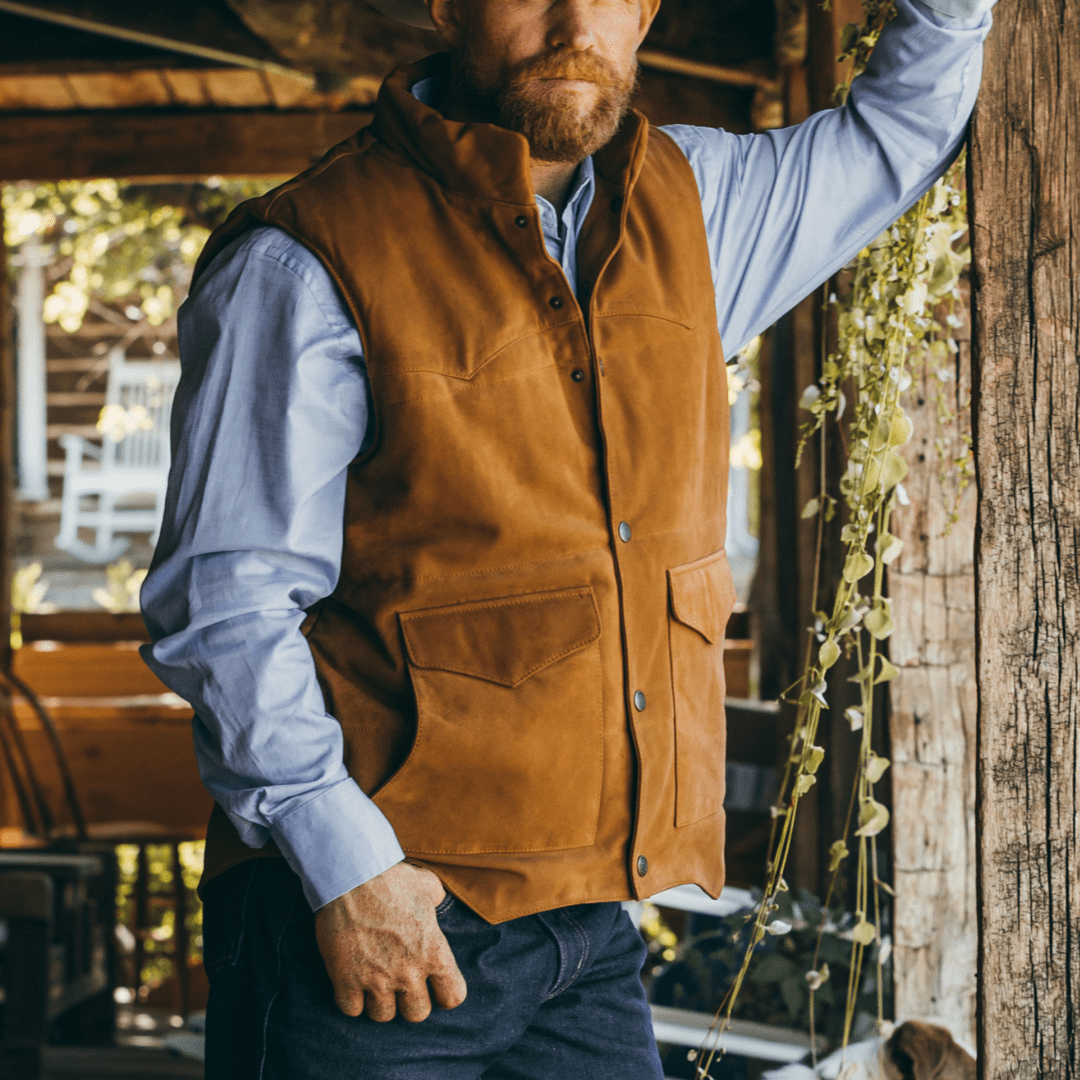 man wearing a brown suede schaefer outfitter vest