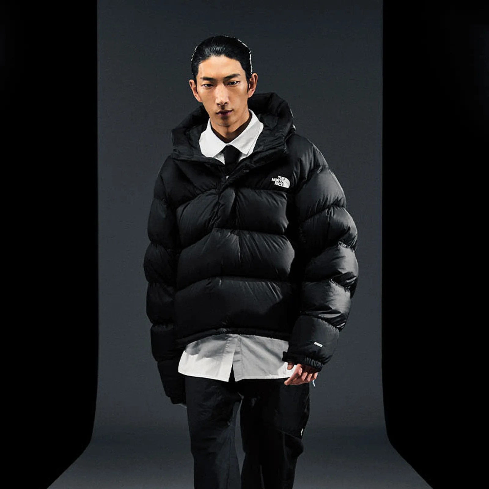 A male model wearing a black down jacket made by The North Face is facing forward. Under the jacket he is wearing a The North Face REMADE Tech tie and a white button up shirt. 