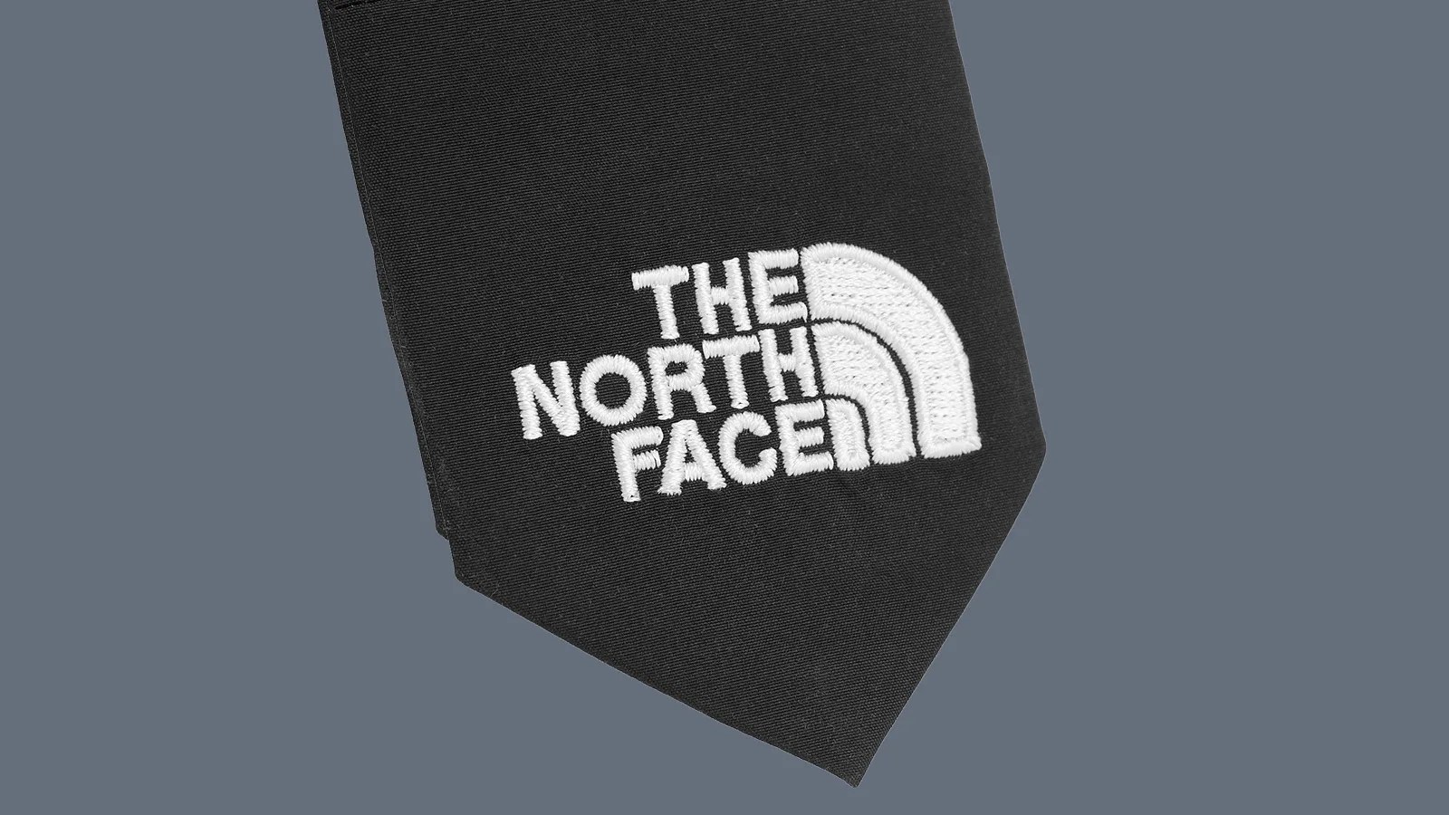 A close up image of The North Face remade tech tie logo