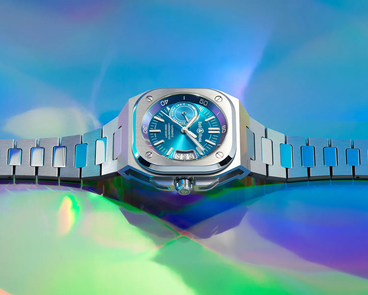 bell and ross watch on an iridescent surface