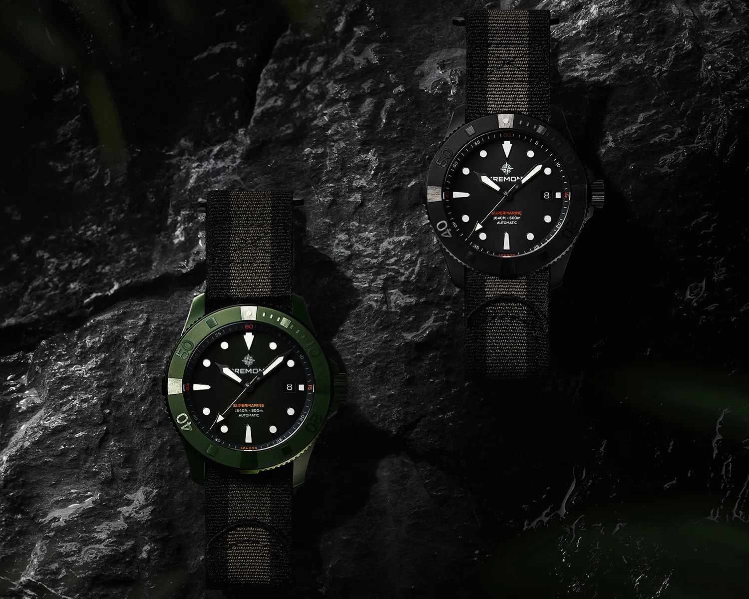 two Bremont watches on a rocky surface