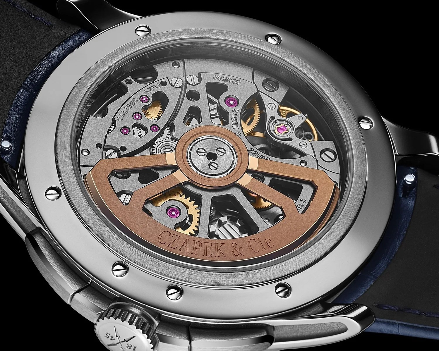 czapek mechanical watch movement seen through a display caseback