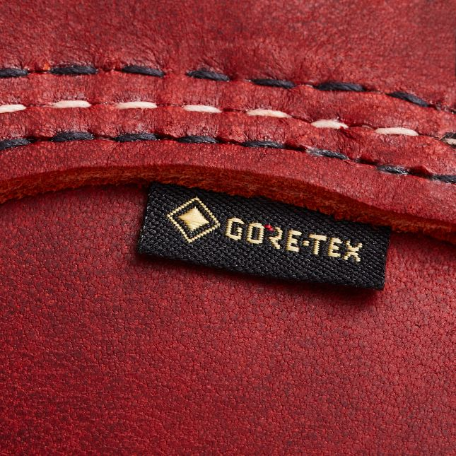 A close up of the Gore-Tex brand tag attached to a Red Wing Boot