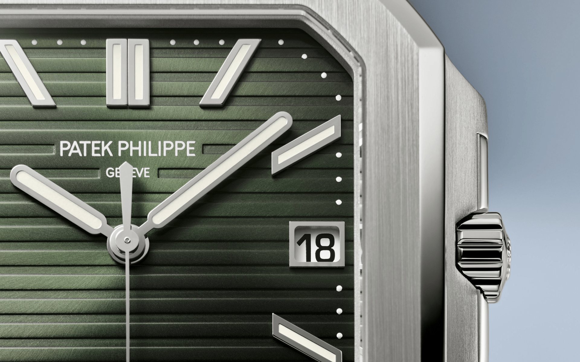 A close up cropped image of the green face of the Patek Philippe 5821/1A Cubitus