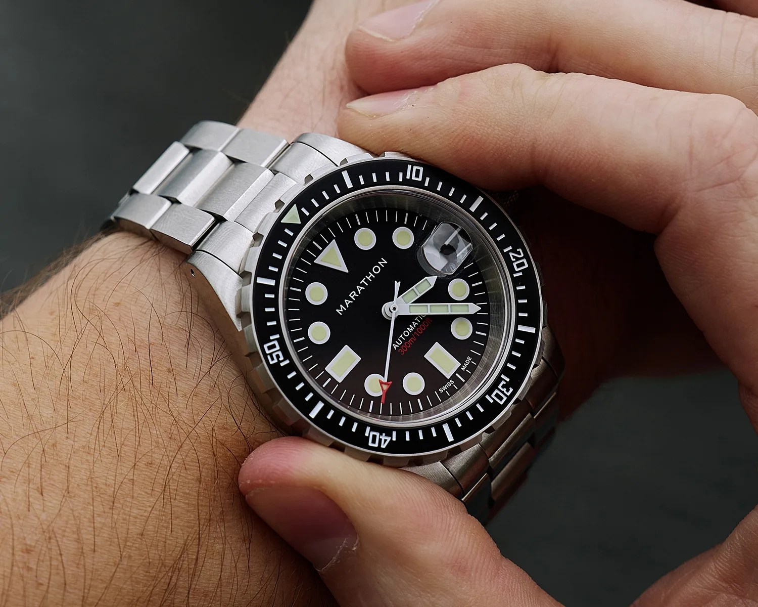 Marathon dive watch on a mans wrist