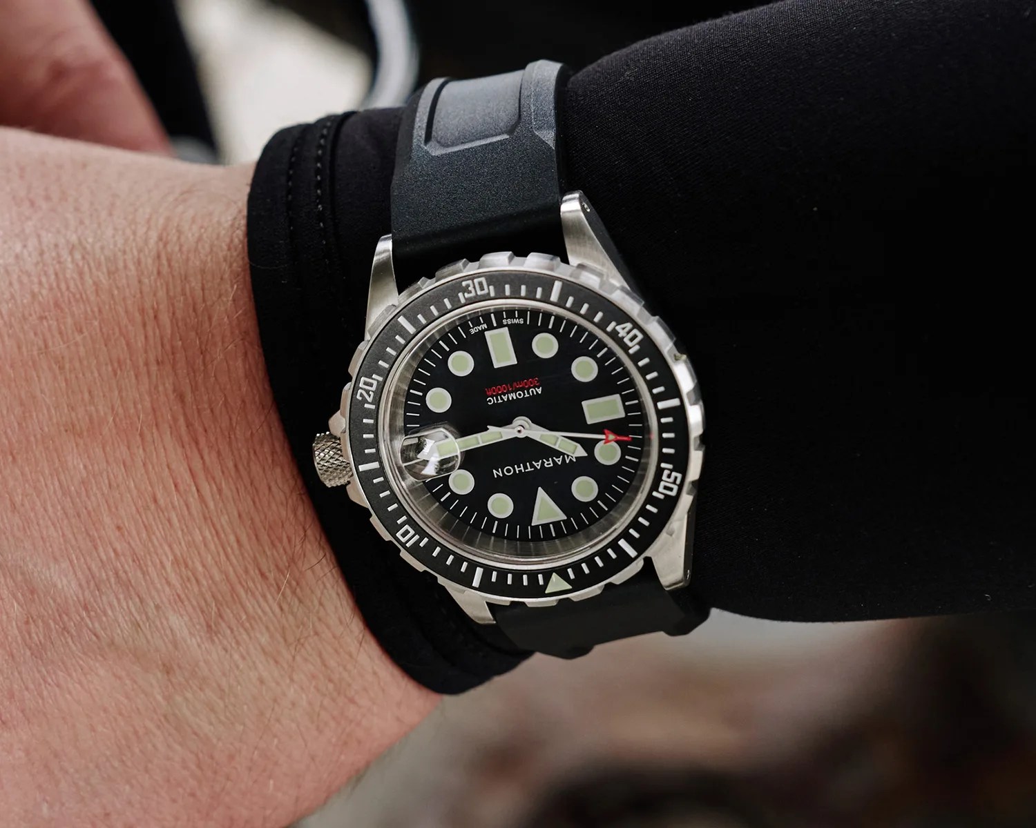 Marathon dive watch on a mans wrist