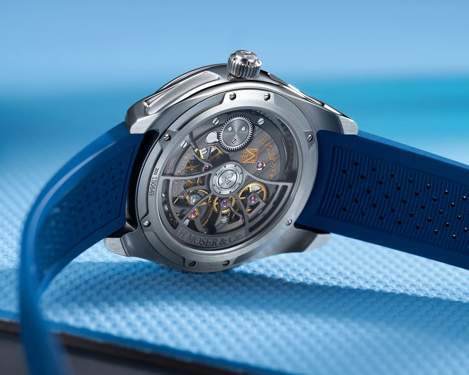 moser watch movement seen through its caseback