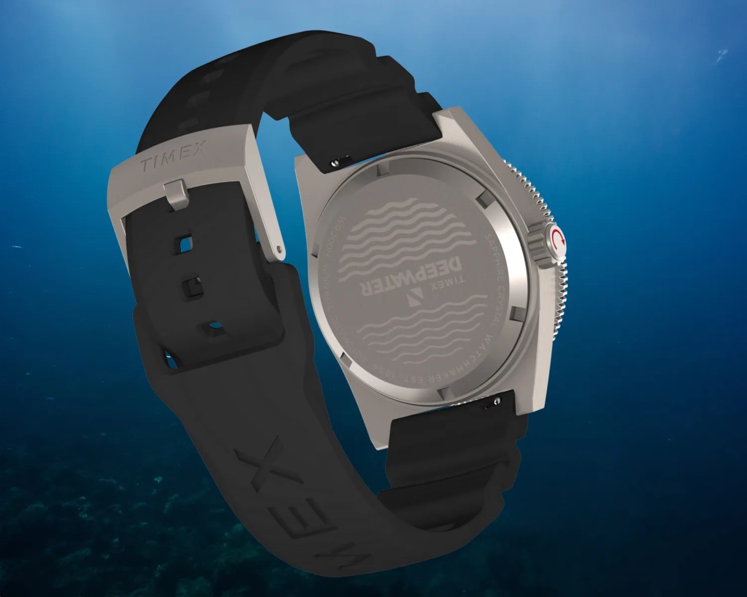 a timex dive watch underwater seen from the back