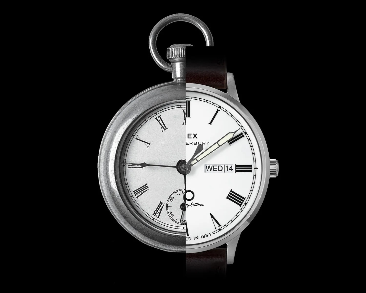 a split image featuring a timex wristwatch and a vintage ingersoll pocket watch