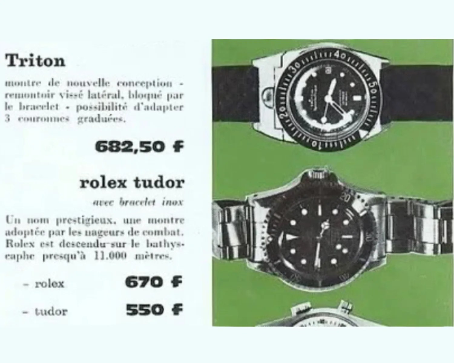 a vintage watch advertisement showing triton and rolex dive watches