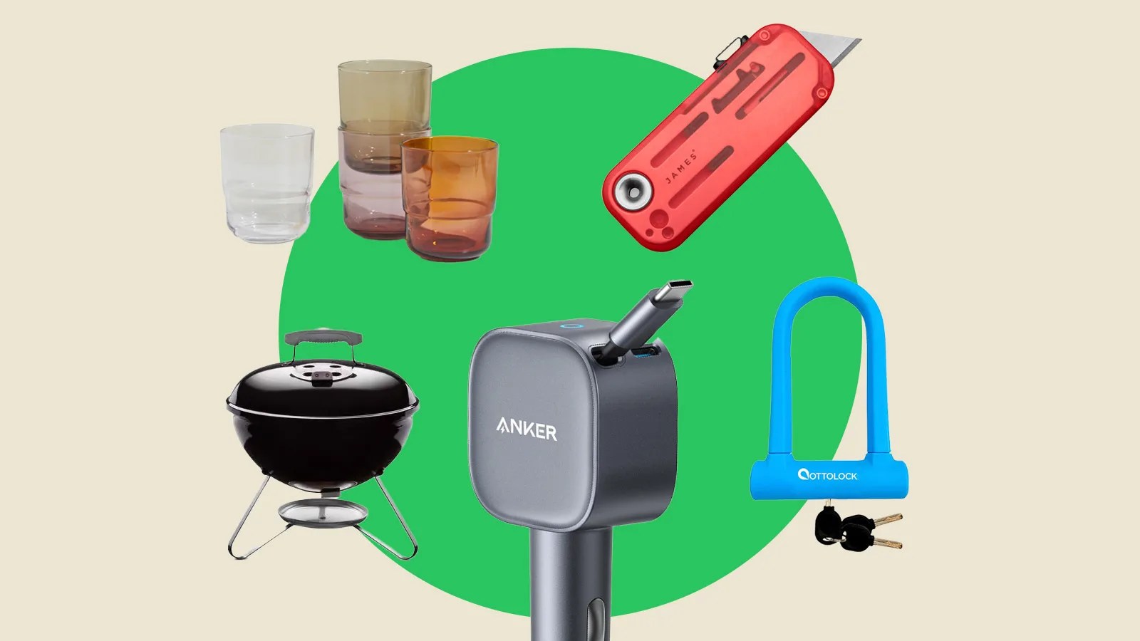 An image of collage showing a car charger surrounded by other product images in a semi circle. The women is positioned in front of a light green circle at the center of a light yellow rectangle.