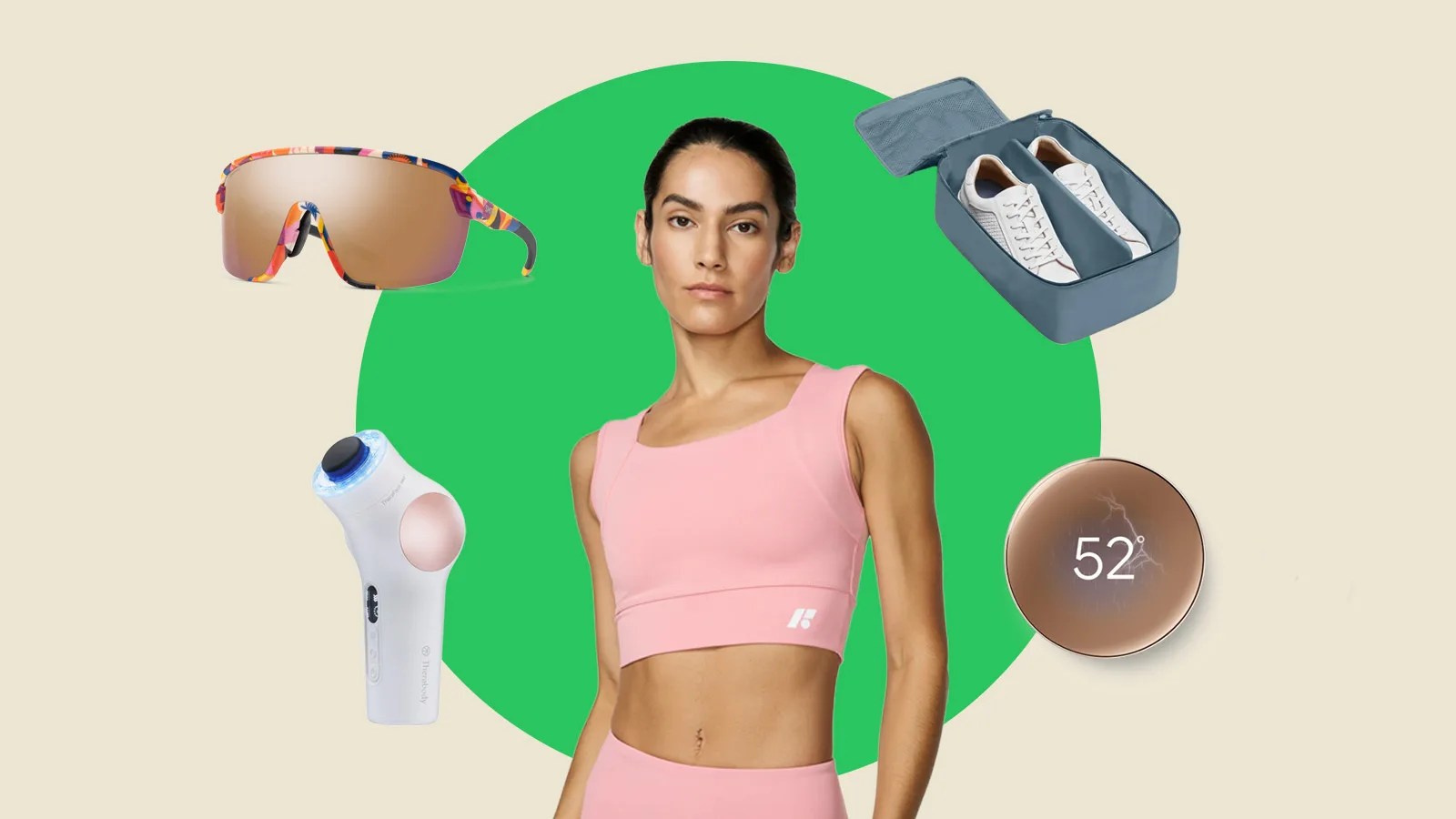 An image of collage showing a women in a pink sports bra surrounded by other product images in a semi circle. The women is positioned in front of a light green circle at the center of a light yellow rectangle.