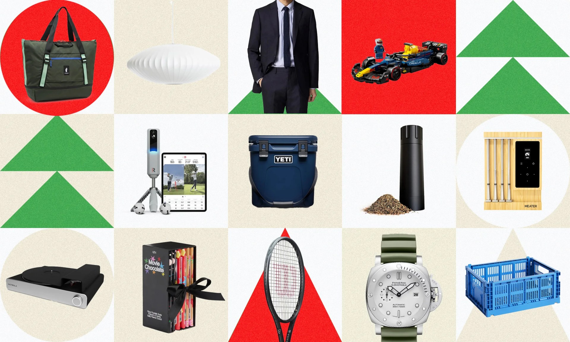 A grid of various products behind light red, pale white and bright green colored shapes.